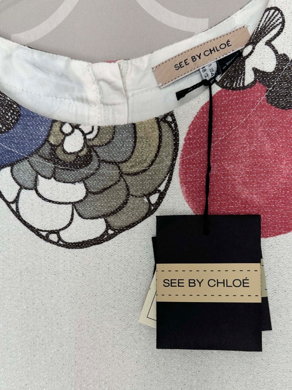 NWT See by Chloé White Graphic Sparkle Print Shift Dress Sleeveless Mini US 10 - Picture 3 of 8